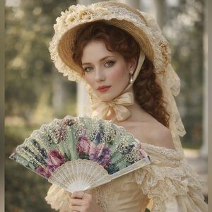 Decorative Floral Folding Hand Fan Green & Gold with Tassel